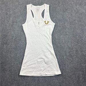 TRUE RELIGION Women’s White Ribbed Tank Top Gold Logo & Writing on back - Small